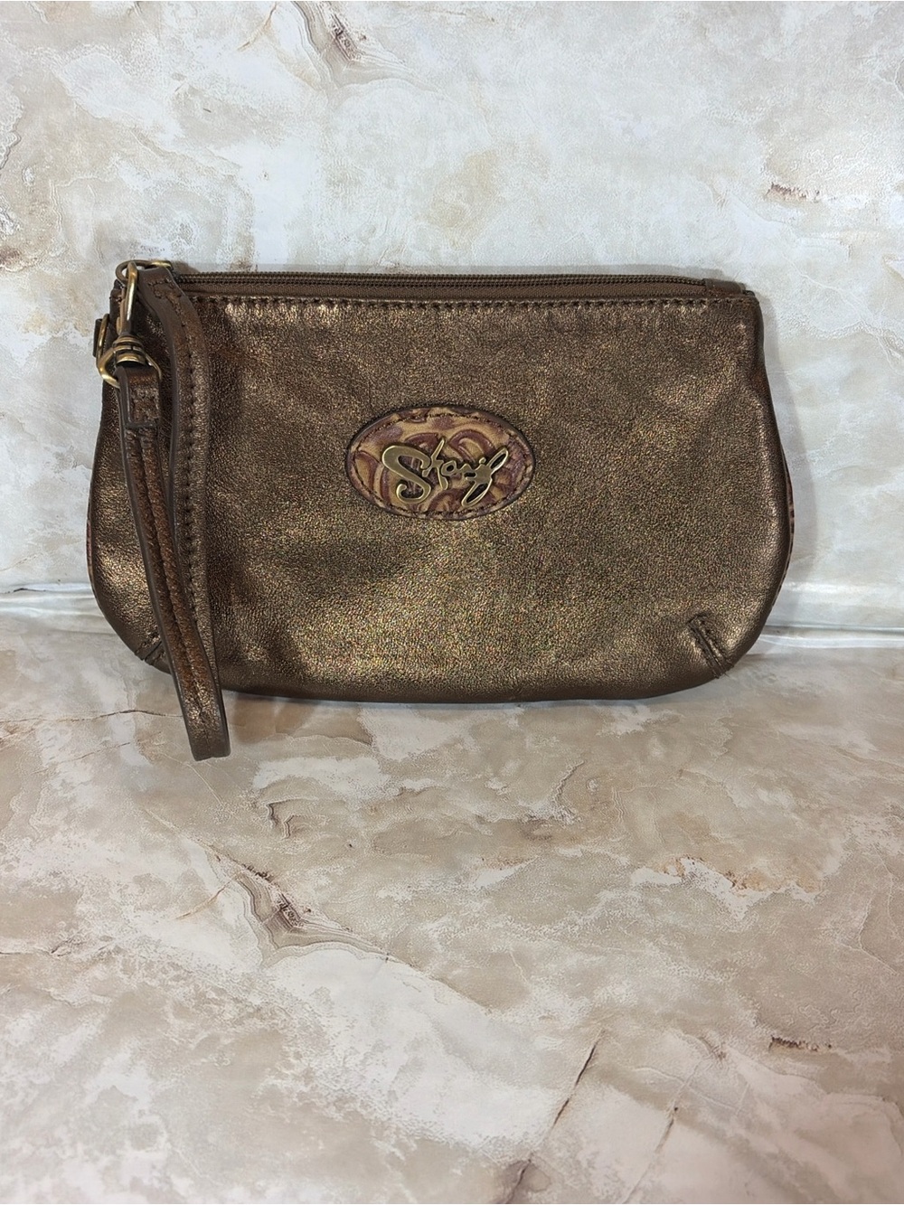 Sharif Metallic Bronze Leather Wristlet Zip Pouch Wallet Small Clutch - Picture 2 of 5